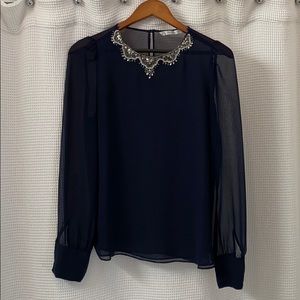 Zara Navy Jewel Neck Top